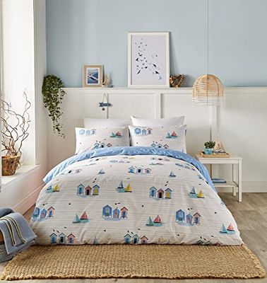 Fusion - Nautical Blue Duvet Cover - Double Bedding Size (200 x 200cm) - Reversible (2 Designs) - Seaside/Sailing Boats Duvet Cover - Blue & White Bedding with Coastal Theme - Beach Huts Bed Set