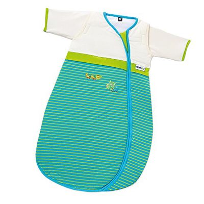 Gesslein Bubou 773125 Babyslaapzak met afneembare mouwen: temperatuurregulerende slaapzak voor het hele jaar, baby/kinderen maat 110 cm, strepen groen/turquoise strepen met krokodil en vis