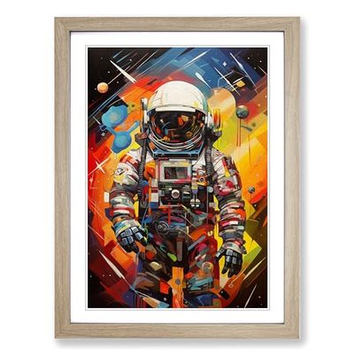 Astronaut Cubism Framed Wall Art Print, Ready to Hang Picture for Living Room Bedroom Home Office, Oak A2 (48 x 66 cm)