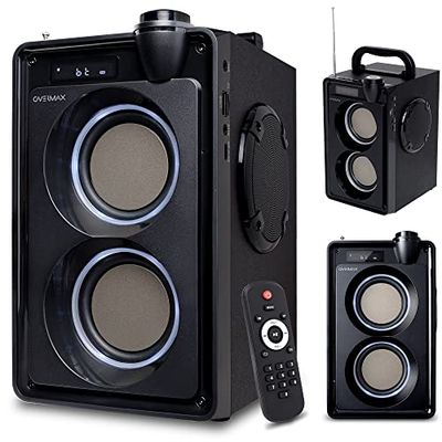 Overmax Soundbeat Altoparlante Bluetooth Cassa Portatile Bluetooth Suono Stereo 20W con Radio FM USB MicroSD AUX Jack 3,5mm Bassi Potentei Display LED Telecomando Batteria Fino 8 Ore