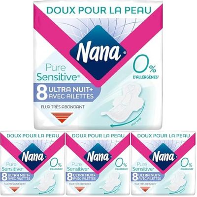 Nana PureSensitive Serviettes Hygiéniques Ultra Nuit Plus pour la Nuit - Flux Très Abondant - 0% Allergène*, Parfum, Colorant - 8 Serviettes avec Ailettes (Lot de 4)