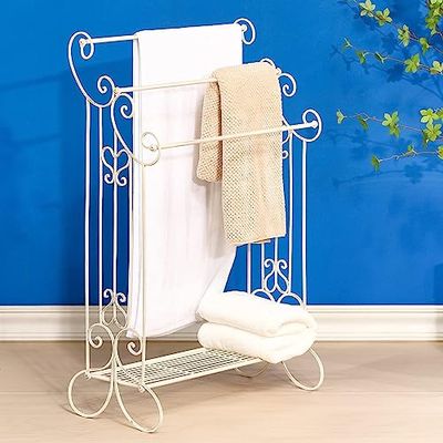 Toalleros de pie para baño, organizador de toallas de metal de 3 barras con estante de almacenamiento, estante de secado de toallas, independiente para toallas de baño, toallas de mano, paños de baño,