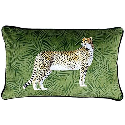 Paoletti Riva Capa de almofada com design de leopardo, cor verde, design de folha de palma, tecido de toque aveludado, bordas afiadas, lavável na máquina, 100% poliéster, 30 x 50 cm, projetada em