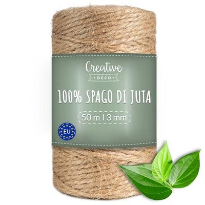 Creative Deco 50m Corda Juta, Spago per Giardinaggio | Spessore 2-3 mm | Marrone Naturale Cordino Juta Forte | Corda Tiragraffi per Gatti, Corda Bricolage, Decorazione, Cordino per Borse Uncinetto