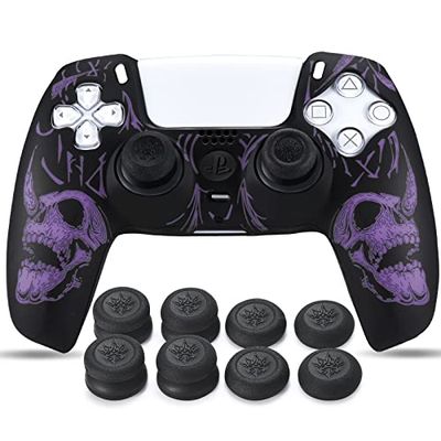 YoRHa Laser Carving Silicone Skin for PS5 Dualsense Controller x 1(Purple) with Pro Thumb Grips x 8