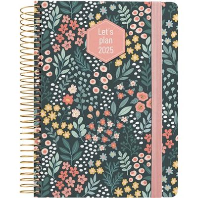 Grafoplás | Weekly View 2025 a6 Annual Diary | Design Meadow Model | Spanish | Spiral | Hardcover Lined Fabric | Elastic Closure | January to December | Includes Stickers | FSC Certified