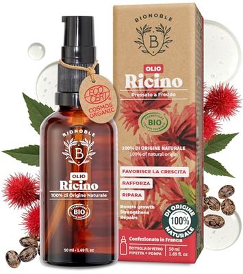 Bionoble Olio di Ricino Biologico 50ml - 100% Puro, Naturale, Pressato a Freddo - Ciglia, Sopracciglia, Capelli, Barba, Unghie - Vegan Castor Oil - Bottiglia di Vetro + Pipetta + Pompa
