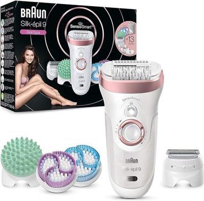 Braun Silk-épil 9 Depiladora Eléctrica Mujer, SkinSpa con Tecnologí"a SensoSmart y 13 Accesorios, Exfolia, Masajea, Afeita y Recorta, Inalámbrica, 9-990, Blanco/Rosa