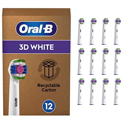 Oral-B iO 3D White, Brossettes de Rechange (Pack de 12), Embout, Brosse à Dents Électrique, Format Spécial Boîte Aux Lettres, Carton Recyclable, Blanc