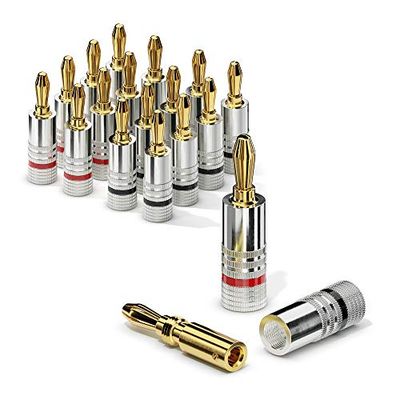 Sonero® fiches bananes, lot de 16, pour tous les câbles de haut-parleur d'un diamètre maximum de 6 mm², 16 pièces avec codage couleur (12x rouge, 12x noir), plaquées or 24 carats