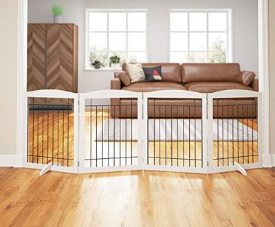 PAWLAND Extra breed hondenhek voor het huis, deuropening, trappen, vrijstaande opvouwbare draad huisdierhek, huisdierenhek set steunpoten inbegrepen 30 inch hoogte 4 panelen wit
