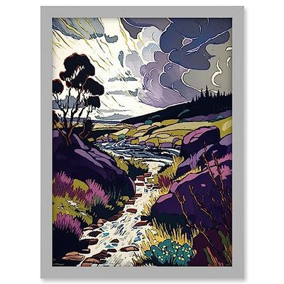Scottish Landscape Illustration with Stormy Clouds Artwork Framed A3 Wall Art Print