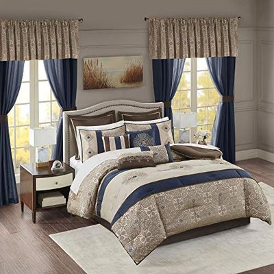 Madison Park Literie de Luxe Toutes Saisons, draps, oreillers et Rideaux décoratifs, cantonnière, Polyester, Bleu Marine, très Grand lit