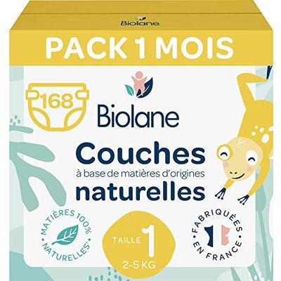 Biolane Pannolini Ecologici, Taglia 1, 2-5 kg, 168 Pannolini, Pelli Sensibili, Assorbenti, Nessuna Fuoriuscita, 12 Ore all’Asciutto, Confezione 1 Mese