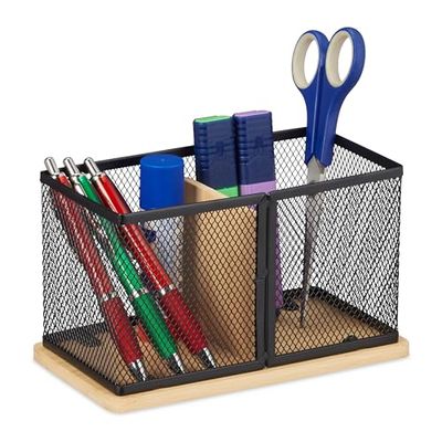 Relaxdays Range-stylos, Bambou & Maille, HxLxP: 11x19x10 cm, Rangement à Crayons pour Bureau, Fournitures, Noir - Nature