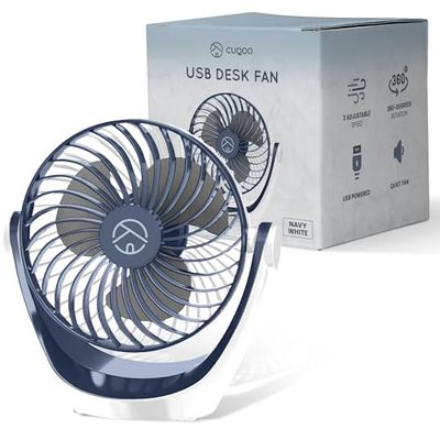 CUQOO Krachtige USB-bureauventilator, 360° draaibare mini-ventilator met 3 snelheden, krachtig, stil, licht en compact, voor bureau, thuis, kantoor en reizen, marineblauw/wit