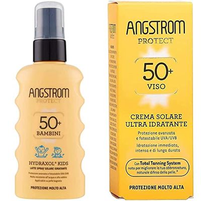 Angstrom Protect Latte Solare in Formato Spray, Protezione Solare Corpo 50+ & Protect Crema Solare Viso, Protezione viso 50+ con Azione Ultra Idratante, Nutriente e Duratura
