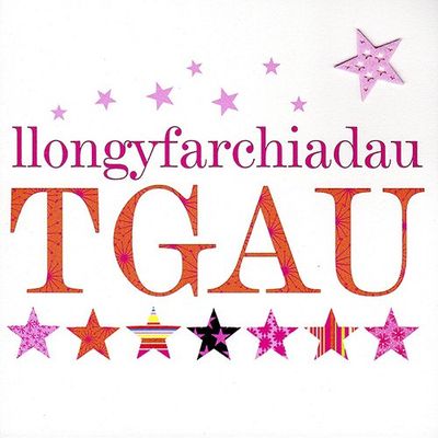 Claire Giles Greeting Cards, Welsh Congratulations GCSE Card, Pink Stars Design Welsh Language Exam Greeting Card