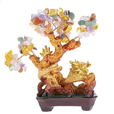 lachineuse - Albero Drago 5 elementi - Albero Feng Shui 19 cm - Decorazione asiatica Drago Giapponese - Albero di Fortuna con Drago Dorato - Decorazione asiatica Pietre Preziose - Oggetto Giappone Zen