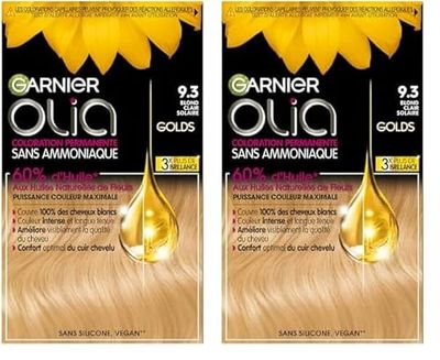 Garnier Coloration Permanente - Sans Ammoniaque - Aux Huiles Naturelles de Fleurs - Blond Clair Solaire (9.3) - Olia (Lot de 2)