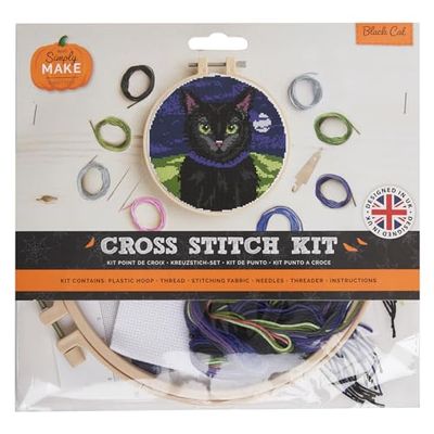 Simply Make Cross Stitch Kit - Black Cat Design for Kids and Adults, Including Hoop, Embroidery Thread, Fabric and Needle - Perfect for Adult Crafts and Beginners - Starter Cross Stitch Craft Kit