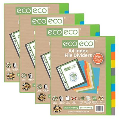 eco-eco A4 50% Recycled Multipunched Reinforced Colour Set 10 Extra Wide Subject Index File Dividers 200mic (Pack of 4), eco074x4