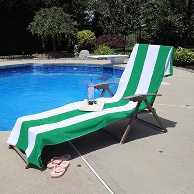 Superior Toalla clásica de algodón de Gran tamaño para Interiores y Exteriores, diseño a Rayas, para Patio, diván, Asiento, Silla, 32 x 102 Pulgadas, Color Verde