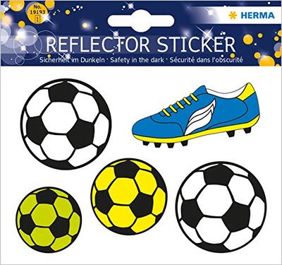 HERMA 19193 Reflectorsticker met voetbalmotieven, zelfklevende lichtgevende stickers voor kinderkamer, decoratie, fiets, fietshelmen en koffer, 5 reflectorstickers voor kinderen