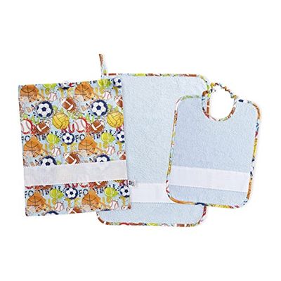 FILET - Set voor kleuterschool, drie stuks met canvas Aida om te borduren, samenstelling van zak, handdoek en slabbetjes van witte spons, 100% katoen, Made in Italy, fantasieballonnen met blauwe bodem