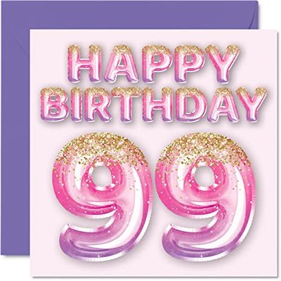 Stuff4 Carte d'anniversaire de 99e anniversaire pour femme – Ballons roses et violets à paillettes – Cartes d'anniversaire pour femme de 99 ans, maman, grand-mère, grand-mère, grand-mère, grand-mère,
