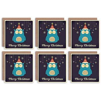 Wee Blue Coo Christmas Cards 6 Pack - Cute Owl Bird Snowflake Set Xmas Cards
