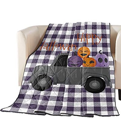 Cartoon Zwarte Truck Schattige Pumpkins Omkeerbare Down Alternatieve Comforter Gewatteerd, Lichtgewicht Zacht Sprei voor Kinderen Volwassenen Vrouw Tiener Bed Paars Wit Tartan Plaid Throw Dekens voor Sofa Decor