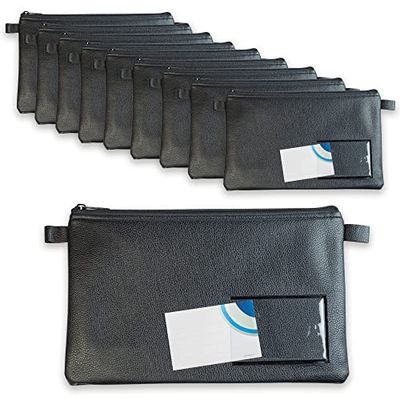 Effektivo - Juego de 10 bolsas de banco con cremallera y ventana para etiquetar, piel sintética negra, apta para documentos de hasta A5