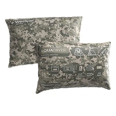 Wessper Luchtontvochtiger kussen, campingaccessoires, rugzak, tent, ontvochtigingszak, herbruikbaar, van silicadroogmiddel, luchtbevochtiger granulaat 300 g, 1 stuk, camouflagekleur
