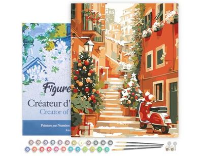 Figured'Art Peinture par Numéro Adulte avec Cadre Escalier enneigé à Noël - Activité Manuelle Kit de Loisir Créatif DIY Numéro d'Art Complet - 40x50cm toile tendue sur châssis