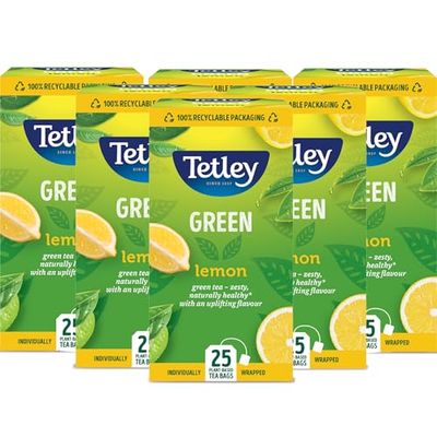 Tetley Lemon Green Tea Bags - Refreshing & Healthy Citrus Blend - Rainforest Alliance Certified - Plant Based Tea Bags - Perfect for a Relaxing Moment - 150 Teabags (6x25 Pack)