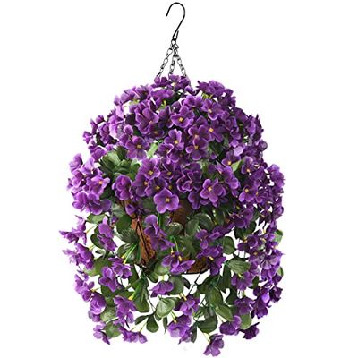 INQCMY Fiori artificiali da appendere in cesto, decorazione per patio, giardino, pianta artificiale con fodera in cocco, fiori di begonia per la decorazione di esterni e interni (viola)