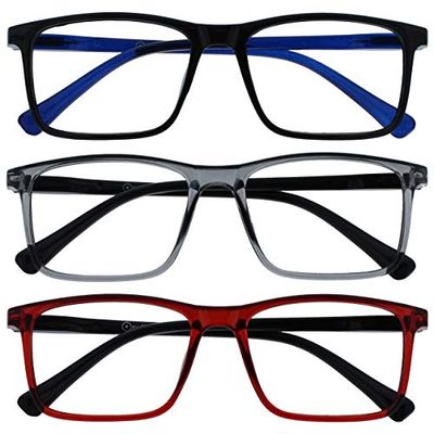 OPULIZE INK Occhiali da Lettura - Pacco da 3 - Montatura Rettangolare Grande - Nero, Grigio, Rosso - Uomo Donna - Cerniere a Molla - RRR4-17Z - +3.00