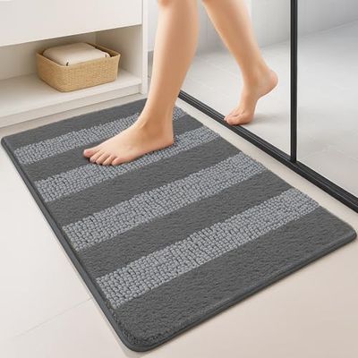 VOUNOT® 2 Pezzi Tappeto Bagno Antiscivolo 40x60 cm, Tappetino Super Assorbente in Ciniglia di Microfibra Extra Spesso a Righe, Lavabile in Lavatrice, Soffice e Morbido, Grigio