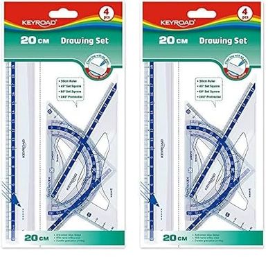 Juego de Reglas Escolares - Regla de 20 cm - Escuadra de 45° - Cartabón de 60° - Transportador de Ángulos 180° - Material de Plástico Resistente - Keyroad (Paquete de 2)