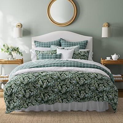 Laura Ashley Juego de Ropa de Cama Reversible de algodón, Incluye Fundas Europeas y Almohadas a Juego, Verde Floral de zarza, tamaño King