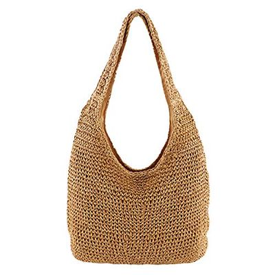 CHIC DIARY Bolso de hombro de paja tejido a mano para mujer, grande, con asas de playa y cremallera, 01-Caqui, Large