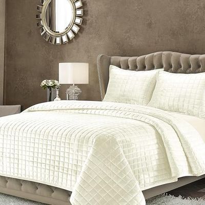 Tribeca Living Florence Velvet Oversized Solid Quilt Set, Ivory, Twin