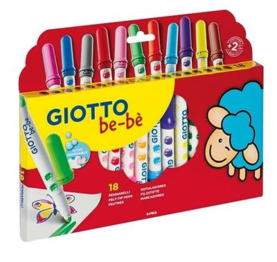 GIOTTO be-bè Colouring Felt Tip Pens Set for Young Children, Jumbo Pens, Box of 18 Assorted Colours, Super-Washable, For School & Home