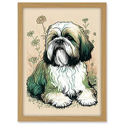 Artery8 Shih Tzu Dog with Daisies Modern Multicoloured Linocut Illustration Artwork Framed A3 Wall Art Print
