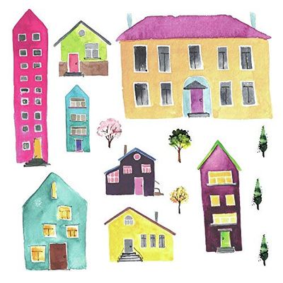 RoomMates RMK4011GM Aquarel Village Peel & Stick Muurstickers, Veelkleurig, Set van 14 Stuks