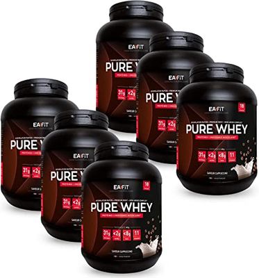 EAFIT Pure Whey - Cappuccino 750 g - FORMAT ECO 6 POTS 4,5kg - Croissance Musculaire - Protéines de Whey - Assimilation Rapide - Acides Aminés et des Enzymes Digestives - Certifié Anti-dopage