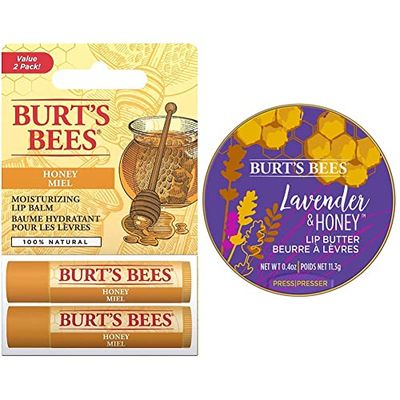 Burt's Bees Bálsamo labial hidratante de origen 100 % natural, pack dos por uno de miel con cera de abejas, 2 tubos en caja de blíster + Manteca Labial 100% Hidratante Natural