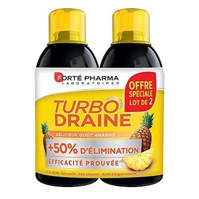 Forté Pharma - TurboDraine Ananas | Complément Alimentaire à base de thé vert - Elimination et drainage | Lot de 2 x 500 ml
