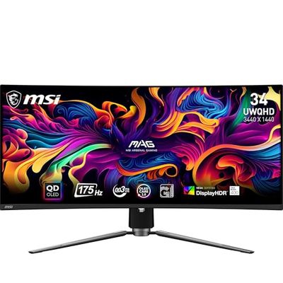 MSI mag 341CQP QD-OLED Monitor Gaming Curvo UWQHD de 34", 1800R, Panel Quantum Dot OLED 3440 x 1440, 175Hz / 0.03ms, 99% DCI-P3, ΔE≤2, DisplayHDR True Black 400, KVM, DP 1.4a, HDMI 2.1, USB Tipo-C